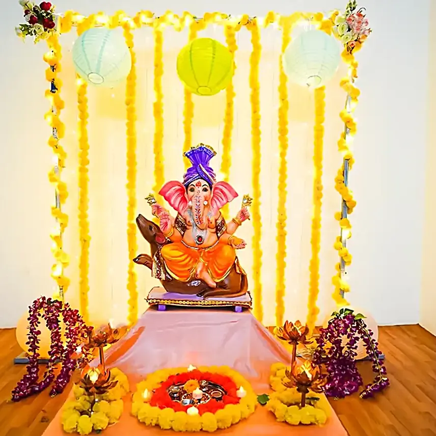 Golden Glow Stand Setup for Ganesh Chaturthi