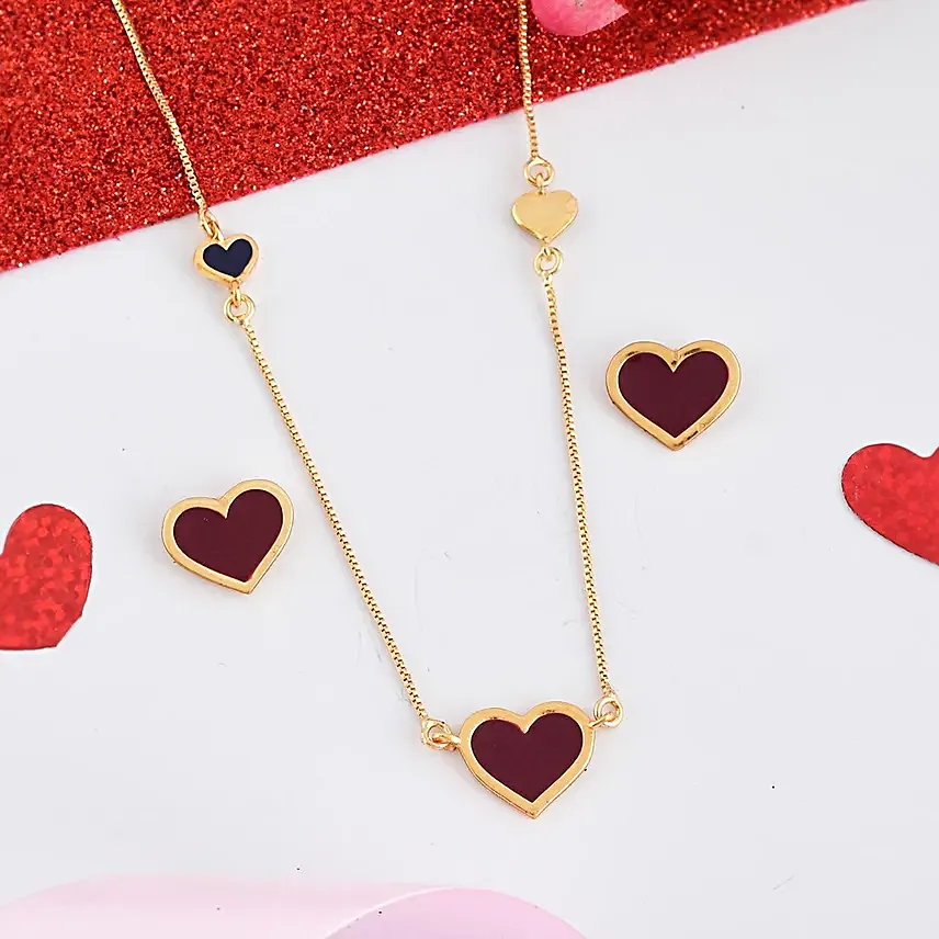Voylla Deep Red Heart Enamel Pendant Set